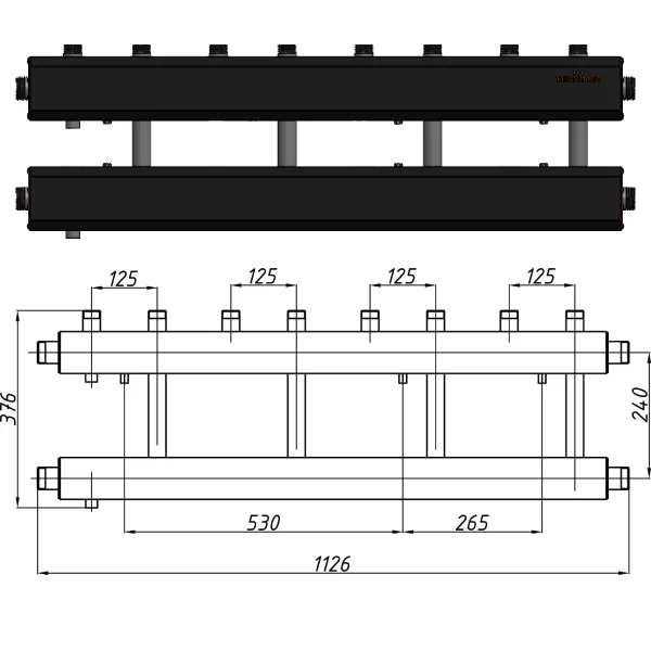 Колектор для котельні Termojet К42В125(240) Ø 1-1/2"×1" - 4+1 контурів (в ізоляції)