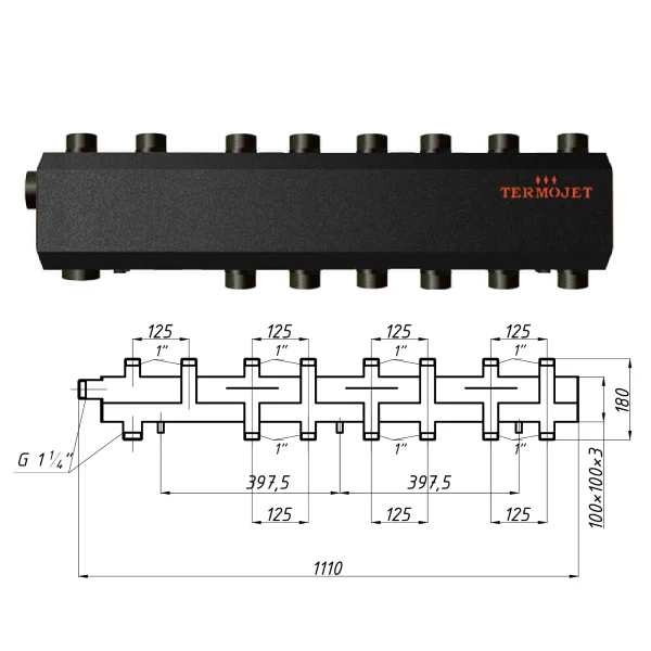 Колектор для котельні Termojet К41В125 Ø 1-1/4"×1" - 4+3 контурів (в ізоляції)