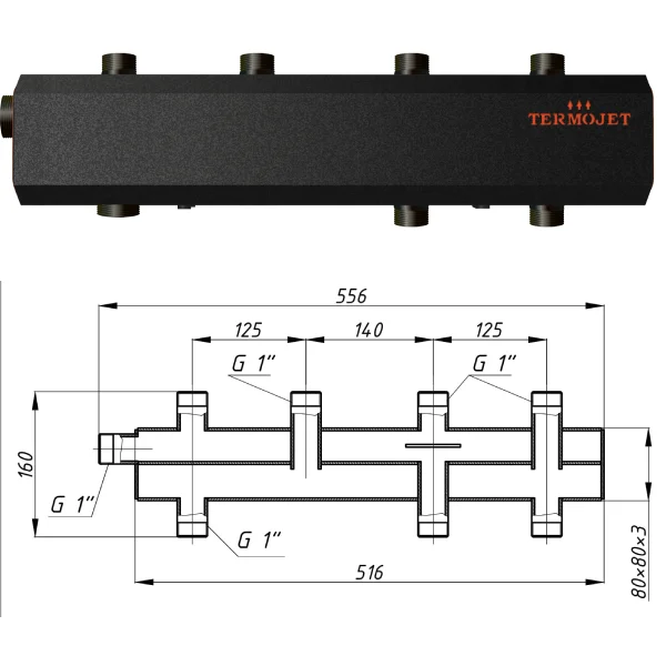 Колектор для котельні Termojet К21В125М Ø 1-1/4"×1" - 2 контури (в ізоляції)