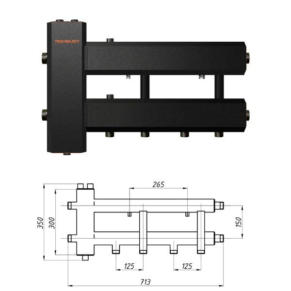 Коллектор для котельной Termojet КГС22Н125(150) Ø 1"×1" - 2+1 контура (в изоляции)