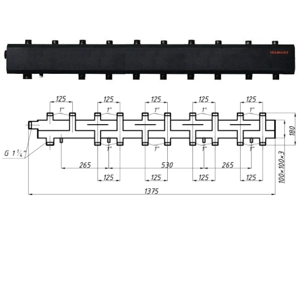 Колектор для котельні Termojet К51В125 Ø 1-1/4"×1" - 5+4 контурів (в ізоляції)