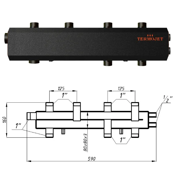 Колектор для котельні Termojet КГС31ВН125 Ø 1"×1" - 3 контури (в ізоляції)