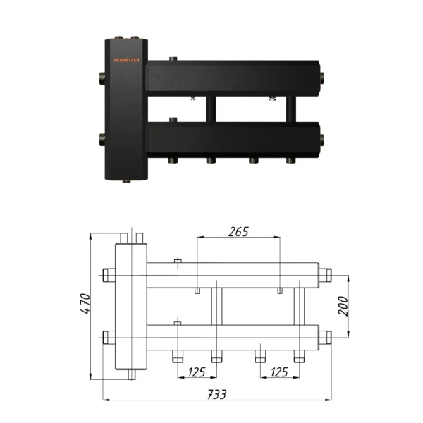 Колектор для котельні Termojet КГС22Н125(200) Ø 1 1/4"×1" - 2+1 контурів (з ізоляцією)