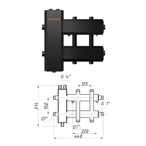 Коллектор для котельной Termojet КГС22ВН125(150) Ø 1"×1" - 2+1 контура (в изоляции)