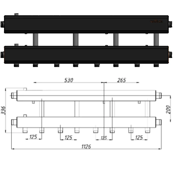 Коллектор для котельной Termojet К42Н125 (200) Ø 1-1/4"×1" - 4+1 контуров (в изоляции)