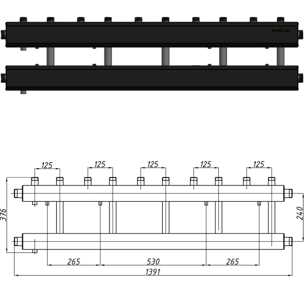 Колектор для котельні Termojet К52В125(240) Ø 1-1/2"×1" - 5+1 контурів (в ізоляції)