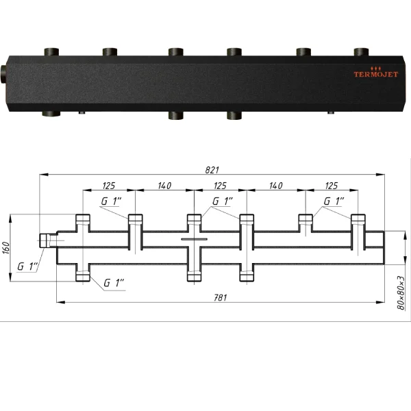 Колектор для котельні Termojet К41В125М Ø 1"×1" - 3+1 контурів (в ізоляції)