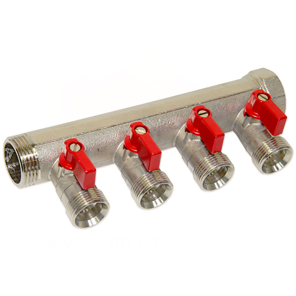 Коллектор с шаровыми кранами Bianchi Ø 1"×3/4" EK - 4 контура, I=45 мм (red/красный)