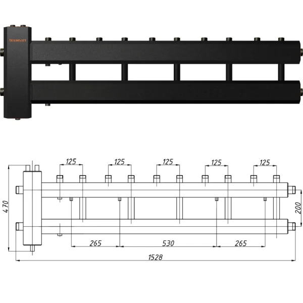 Колектор для котельні Termojet КГС52В125(200) Ø 1 1/4"×1" - 5+1 контурів (з ізоляцією)