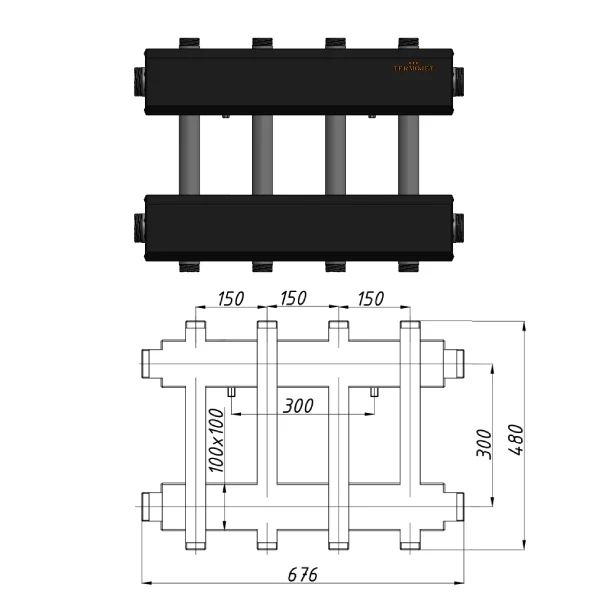 Колектор для котельні Termojet К42ВН150(300) Ø 1-1/4"×2" - 4+1 контурів (в ізоляції)
