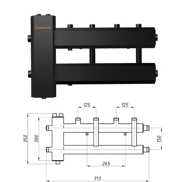 Колектор для котельні Termojet КГС22В125(150) Ø 1"×1" - 2+1 контури (в ізоляції)