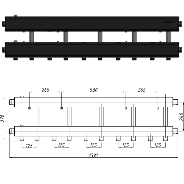 Колектор для котельні Termojet К52Н125(240) Ø 1-1/2"×1" - 5+1 контурів (в ізоляції)