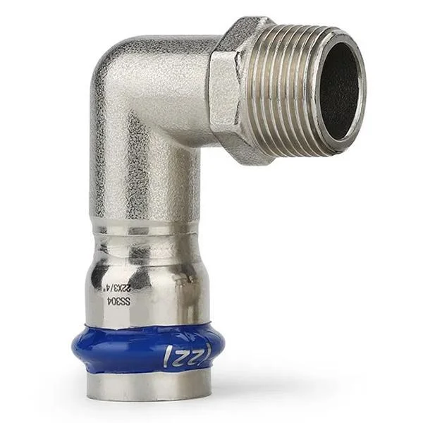 Коліно коротке прес нержавійка ASG Inox Press Ø 18×1/2" зовнішня різьба