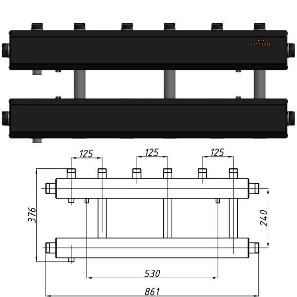 Колектор для котельні Termojet К32В125(240) Ø 1-1/2"×1" - 3+1 контури (в ізоляції)