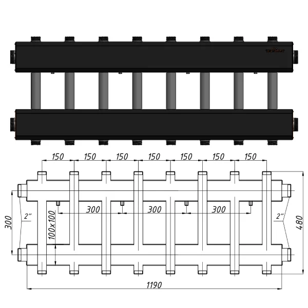 Колектор для котельні Termojet К82ВН150(300) Ø 1-1/4"×2" - 8+1 контурів (в ізоляції)