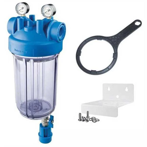 Фільтр магістральний Atlas Filtri DP BIG S M TS 10" IN Ø 1" KIT (прозорий корпус, зливний клапан, 2 манометри)