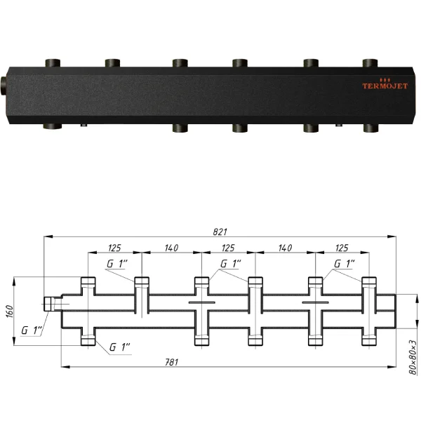 Колектор для котельні Termojet К51В125М Ø 1"×1" - 3+2 контурів (в ізоляції)