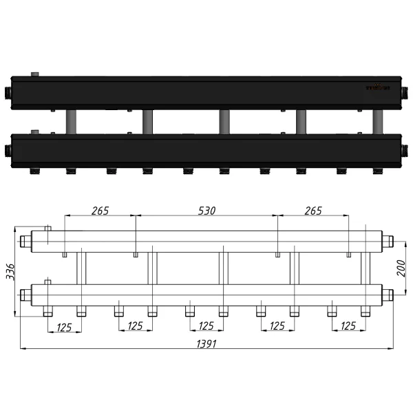 Коллектор для котельной Termojet К52Н125 (200) Ø 1-1/4"×1" - 5+1 контуров (в изоляции)