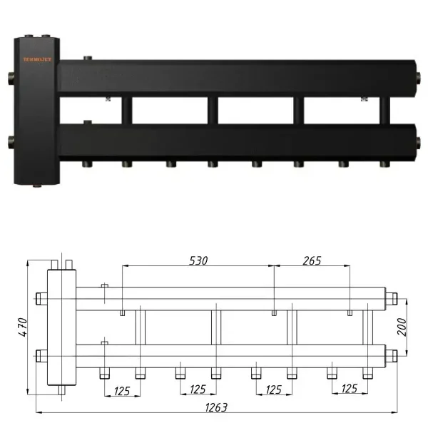 Колектор для котельні Termojet КГС42Н125(200) Ø 1 1/4"×1" - 4+1 контурів (з ізоляцією)